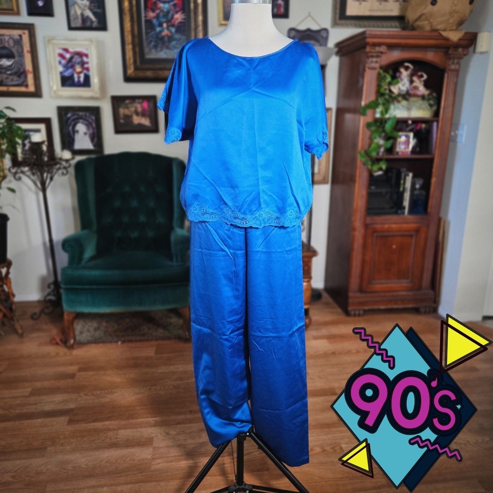 Vintage 90s Val Mode Royal Blue Satin Lace Pajama Set Sleepwear Women's‎ Small